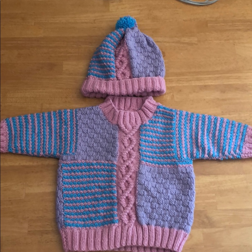 Hand knit baby sweater and hat set